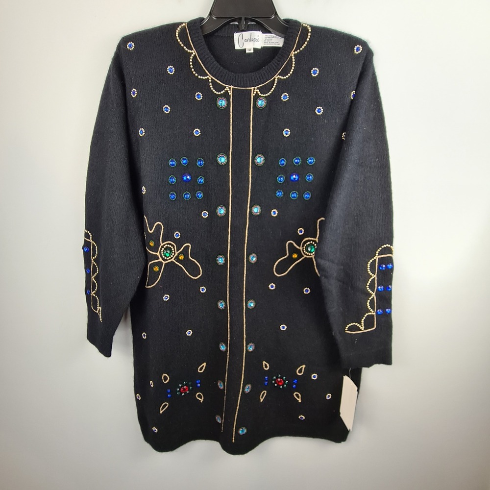 Carducci Vintage Black Beaded Angora Lambswool Tunic Sweater Womens M Retro NOS